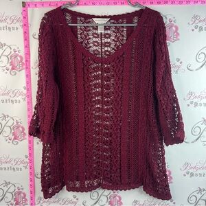 Christopher & Banks shirt long sleeve Open-Knit V-Neck Blouse in Burgundy